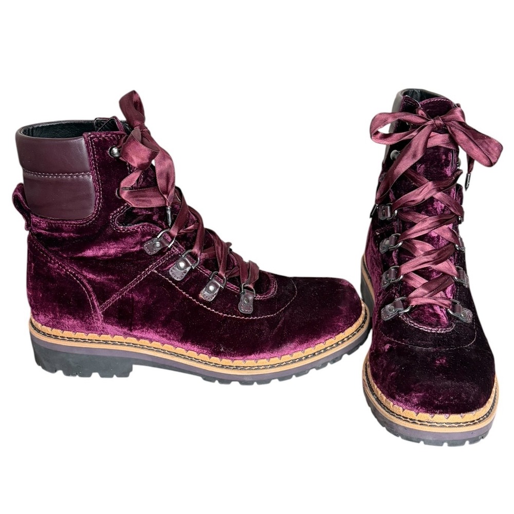 Sam Edelman Plum Velvet Combat Boots Ribbon Lace Up Women's Size 8.5